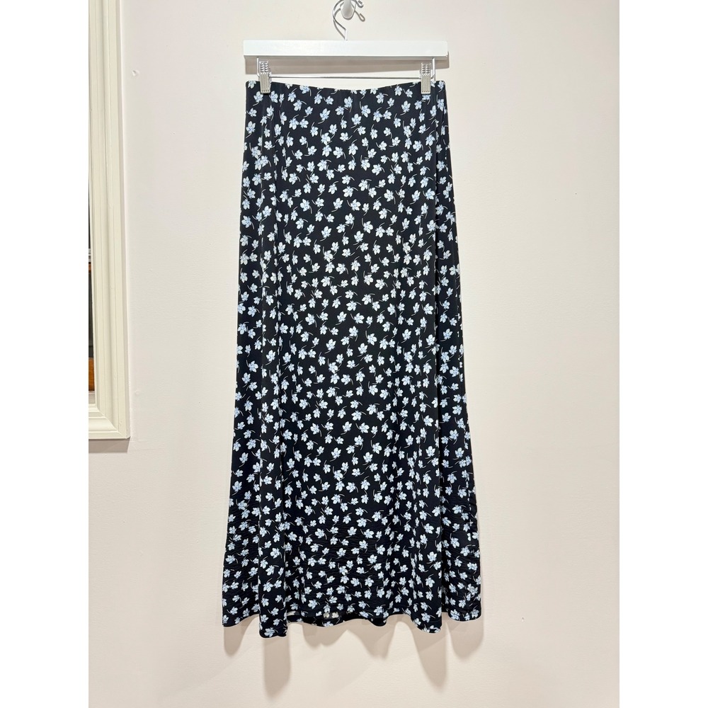 Halogen Womens Black Blue Floral Maxi Skirt Elastic Waist Size Medium USA Made